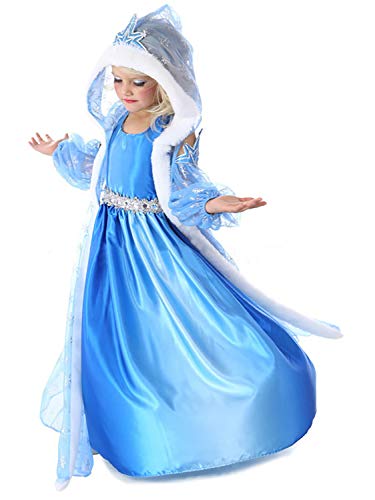 Monissy Eiskönigin Schneeprinzessin Kostüm mit Umhang Party Cosplay Kleid Prinzessin Elsa Kleid Karneval Kleidung Party Kostüme für Mädchen Weihnachten Fasching Halloween Gr.100-150 Blau von Monissy