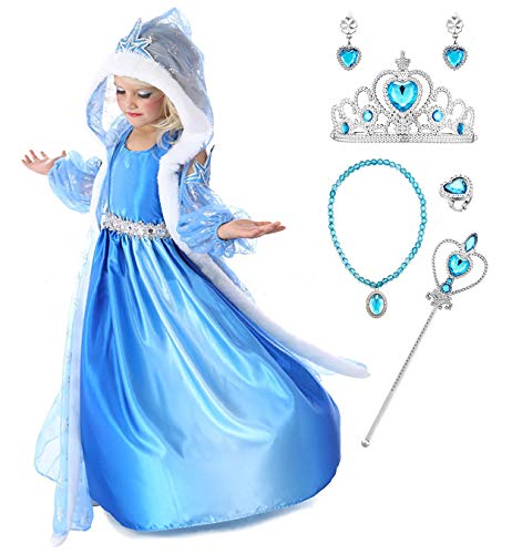 Monissy Eiskönigin Schneeprinzessin Kostüm mit Umhang Party Cosplay Kleid Prinzessin Elsa Kleid Karneval Kleidung Party Kostüme für Mädchen Weihnachten Fasching Halloween Gr.100-150 Blau von Monissy