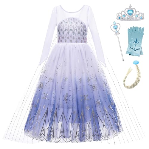 Monissy Elsa Prinzessinkleid für Mädchen Kinder Dress up Set Kostüm mit Zubehöre Krone Zauberstab für Kindergarten Geburtstagsfeiern Fasching Verkleidung Cosblay Party, Weiß-bl4ps, 100 von Monissy