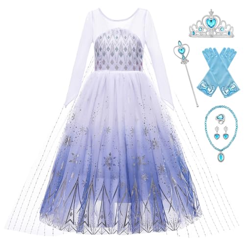 Monissy Elsa Prinzessinkleid für Mädchen Kinder Dress up Set Kostüm mit Zubehöre Krone Zauberstab für Kindergarten Geburtstagsfeiern Fasching Verkleidung Cosblay Party, Weiß-bl6ps, 100 von Monissy