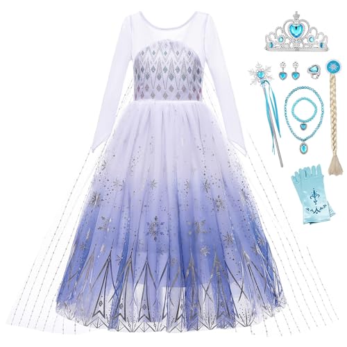 Monissy Elsa Prinzessinkleid für Mädchen Kinder Dress up Set Kostüm mit Zubehöre Krone Zauberstab für Kindergarten Geburtstagsfeiern Fasching Verkleidung Cosplay Party, Weiß-bl8ps, 100 von Monissy