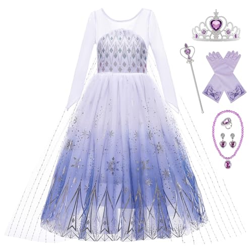 Monissy Elsa Prinzessinkleid für Mädchen Kinder Dress up Set Kostüm mit Zubehöre Krone Zauberstab für Kindergarten Geburtstagsfeiern Fasching Verkleidung Cosplay Party, Weiß-pl6ps, 100 von Monissy