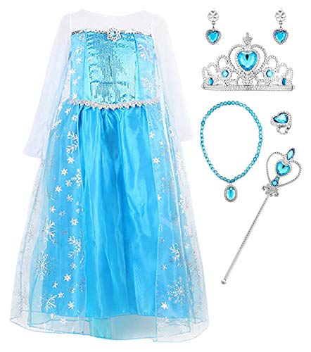 Monissy Ice Queen Prinzessin Kostüm Prinzessin Elsa Kleid Karneval Verkleidung Party Kleid Cosplay Kostüm Set Kostüme Weihnachten Kinder Fasching Halloween Festival Kostüm Gr.100-160 Blau von Monissy