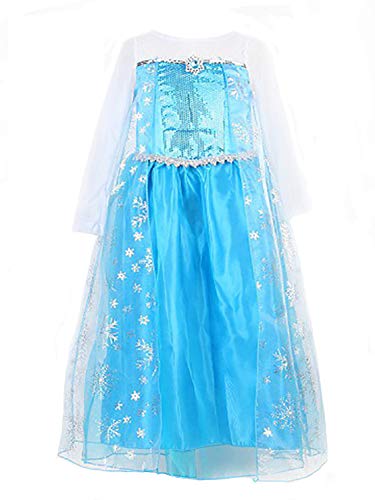 Monissy Ice Queen Prinzessin Kostüm Prinzessin Elsa Kleid Karneval Verkleidung Party Kleid Cosplay Kostüm Set Kostüme Weihnachten Kinder Fasching Halloween Festival Kostüm Gr.100-160 Blau von Monissy