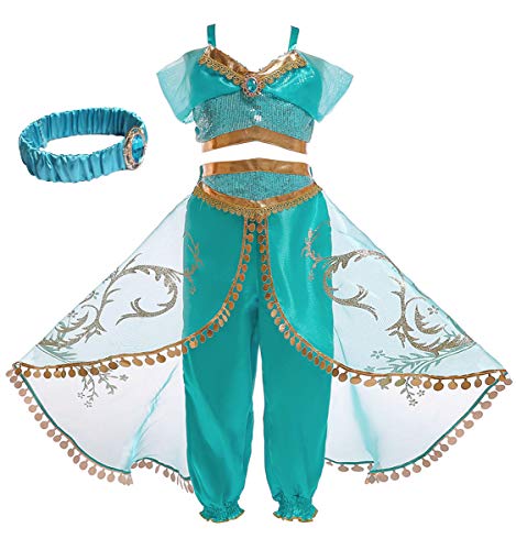 Monissy Jasmin Kostüm für Mädchen zweiteilig Set mit Haarband Aladdin Kleid Prinzessin Dress up Set für Kindergarten Verkleidung Cosplay Geburtstag Geschenk Halloween Karneval, Grün A, 130 von Monissy