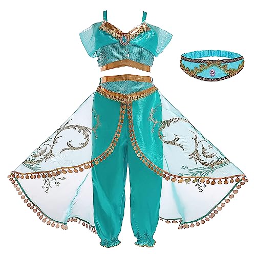 Monissy Kostüme für Kinder Prinzessin Jasmin Kleid Mädchen Aladdin Set mit Perücke Stirnband Weihnachten Karneval 2-8 Jahre Verkleidung Geburtstag Fasching Halloween Pailletten,Grün 1,100 von Monissy