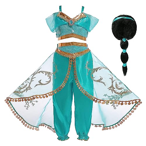 Monissy Kostüme für Kinder Prinzessin Jasmin Kleid Mädchen Aladdin Set mit Perücke Stirnband Weihnachten Karneval 2-8 Jahre Verkleidung Geburtstag Fasching Halloween Pailletten,Grün 2,120 von Monissy