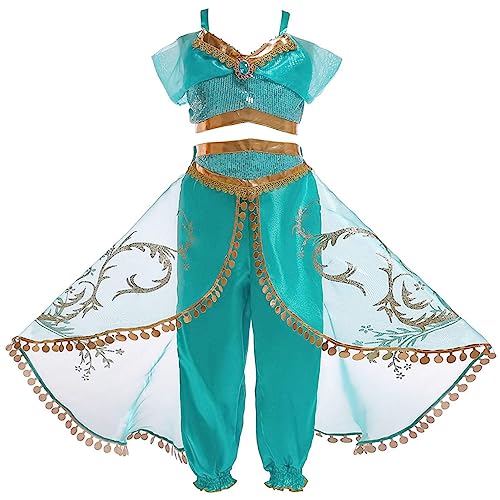 Monissy Kostüme für Kinder Prinzessin Jasmin Kleid Mädchen Aladdin Set mit Perücke Stirnband Weihnachten Karneval 2-8 Jahre Verkleidung Geburtstag Fasching Halloween Pailletten,Grün 3,120 von Monissy