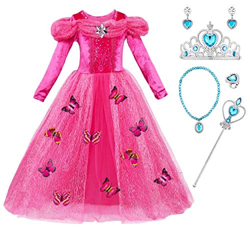 Monissy Mädchen Aschenputtel Kostüm Prinzessin Kostüm Schmetterling Party Kleider Set mit Accessoires Kinder Faschingskostüme für Karneval Fasnacht und Halloween in Farben Rosa Gelb von Monissy