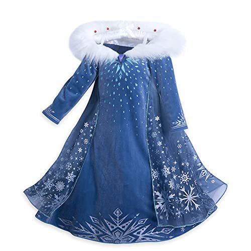 Monissy Mädchen Die Eiskönigin Elsa Kostüm mit Umhang Kinder Prinzessin Kleid mit Plüschkragen Schneeflocken Kleid Karnevalskostüm Party Cosplay Fasching Halloween Weihnachtsfeier Kostüm Blau 130 von Monissy