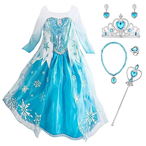 Monissy Mädchen Eiskönigin Schneeprinzessin Kostüm Kinder Schneeflocken Kostüm Karneval Verkleidung Party Kleid Kinder Glanz Kleid Cosplay Kostüm Set Halloween Fasching Fest Gr.100-150 Blau von Monissy