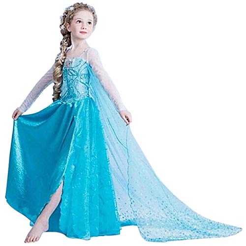 Monissy Mädchen Kostüm Prinzessin Elsa Kleid Deluxe Kinder Kostüm Set Karneval Verkleidung Party Kleid Cosplay Party Kostüm Halloween Fasching Eiskönigin Prinzessin Kostüm Gr.100-160 Blau von Monissy