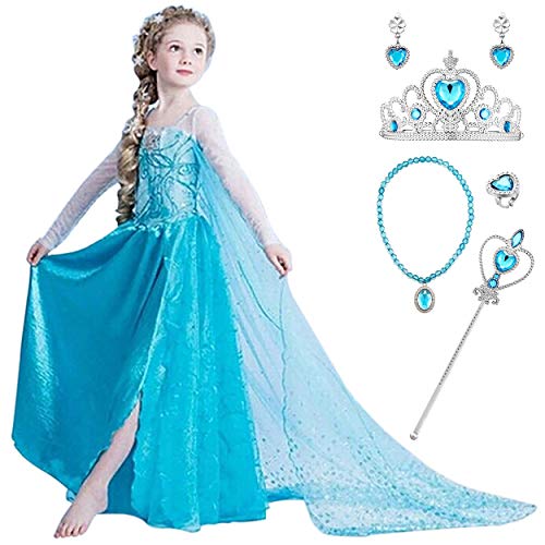 Monissy Mädchen Kostüm Prinzessin Elsa Kleid Deluxe Kinder Kostüm Set Karneval Verkleidung Party Kleid Cosplay Party Kostüm Halloween Fasching Eiskönigin Prinzessin Kostüm Gr.100-160 Blau von Monissy