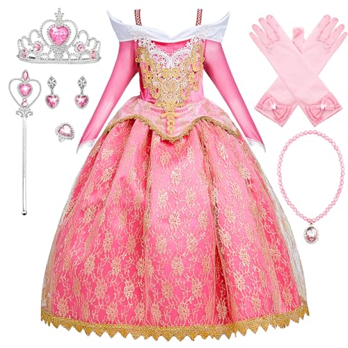 Monissy Mädchen Kostüm mit Zubehöre Aurora Prinzessin Kleid Rosa Langarm Dress Up Set Girls Uniform für Verkleidung Karneval Halloween Cosplay Geburtstag Fasching Geschenk, Rosa, 150 von Monissy