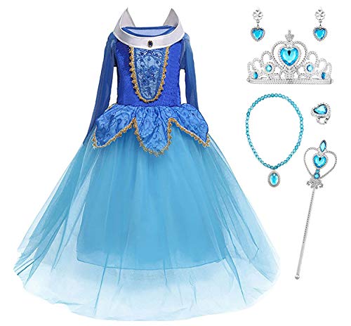 Monissy Mädchen Prinzessin Aurora Kleid Grimms Märchen Kleider Dornröschen Kostüm Cosplay Kostüm Set mit Zubehör Party Kostüme für Mädchen Weihnachten Fasching Halloween Gr.110-150 Rosa Blau von Monissy