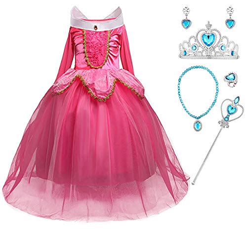 Monissy Mädchen Prinzessin Aurora Kleid Grimms Märchen Kleider Dornröschen Kostüm Cosplay Kostüm Set mit Zubehör Party Kostüme für Mädchen Weihnachten Fasching Halloween Gr.110-150 Rosa Blau von Monissy