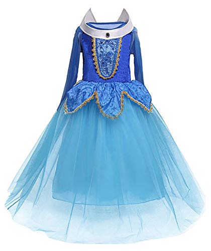 Monissy Mädchen Prinzessin Aurora Kleid Grimms Märchen Kleider Dornröschen Kostüm Cosplay Kostüm Set mit Zubehör Party Kostüme für Mädchen Weihnachten Fasching Halloween Gr.110-150 Rosa Blau von Monissy