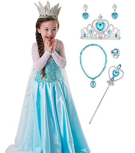 Monissy Mädchen Prinzessin Elsa Kleid Cosplay Kostüm Set Karneval Verkleidung Party Kleid Elsa und Anna Kostüm Elsa Frozen Fever Kleid Halloween Fasching Festival Kostüm Gr.110-150 Blau von Monissy