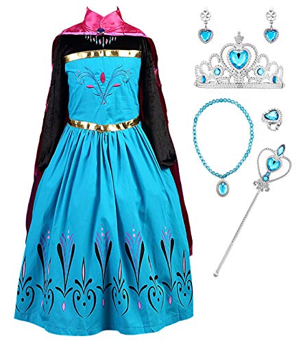 Monissy Mädchen Prinzessin Elsa Kleid Eiskönigin Prinzessin Kostüm Karneval Kleidung Cosplay Kostüm Set mit Zubehör Party Kostüme für Mädchen Weihnachten Fasching Halloween Gr.100-150 Blau von Monissy