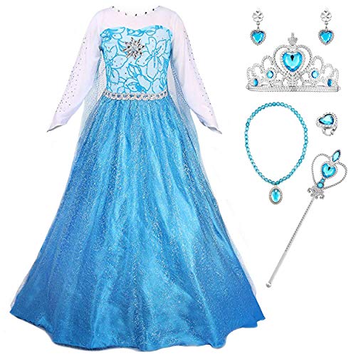 Monissy Mädchen Prinzessin Elsa Kleid Karneval Kleidung Eiskönigin Prinzessin Kostüm Party Kostüme für Mädchen Weihnachten Fasching Halloween Cosplay Kostüm Set Gr.110-150 Blau von Monissy