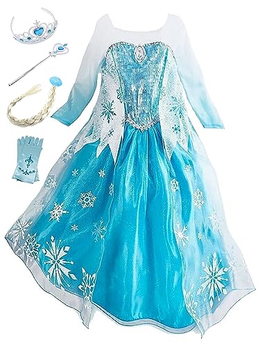 Monissy Mädchen Prinzessin Elsa Kostüm für Karneval Kinder Fasching Eiskönigin Cosplay Kostüm Set Krone Zauberstab Glanz Blau Schneeflocke Umhang Frozen Verkleidung Party Geburtstag Weihnacht geschenk von Monissy