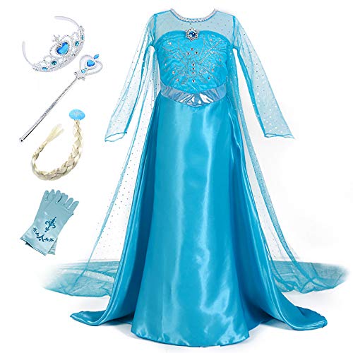 Monissy Mädchen Prinzessin Kleid Eiskönigin Cosplay Kostüm Kinder ELSA Kleid Eisprinzessin Kostüm Blau Elegant Fasching Kostüm Set Krone Zauberstab Handschuhe Zopf Karneval Verkleidung Party 110-150 von Monissy