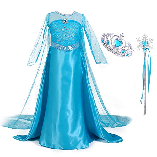 Monissy Mädchen Prinzessin Kleid Eiskönigin ELSA Kostüm Kinder Schneekönigin Frozen Cosplay Verkleidung Blau Elegant Fasching Kostüme Eisprinzessin Set Krone Zauberstab Karneval Party Rollenspiel von Monissy