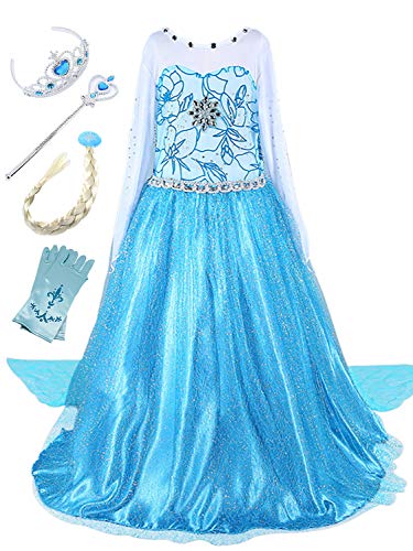 Monissy Mädchen Prinzessin Kleid Kinder Cosplay Kostüm Set Mädchen Eiskönigin Kostüm Elsa Kleid Blau Langarm Blumen Kleid Fest Fasching Kostüm Weihnachten Karneval Verkleidung Party 100-150 3-11 jahre von Monissy