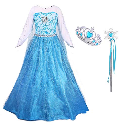 Monissy Mädchen Prinzessin Kleid mit Zubehör Krone Zauberstab Karneval Eiskönigin ELSA Kostüm Kleid Blumen Kinder Frozen Cosplay Verkleidung Set Fest Fasching Party Weihnachten Geburtstag Geschenk von Monissy