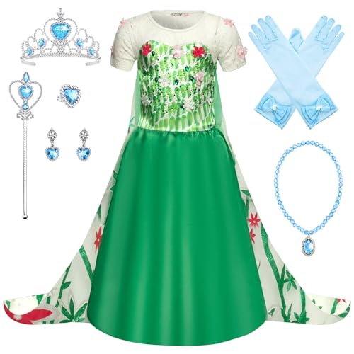 Monissy Mädchen Prinzessin Kostüm Eiskönigin Elsa Kostüm Kleid Kinder Verkleidung Cosplay Party Karneval Weihnachten Geburtstag Geschenk Eisprinzessin Blumen Kleid Grün 110-150cm von Monissy