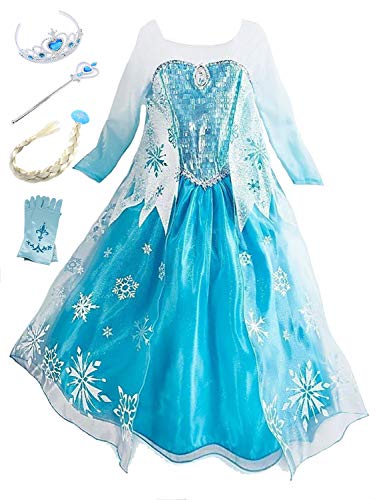 Monissy Mädchen Prinzessin Kostüm Kinder Cosplay Kostüm Set Mädchen Eiskönigin Kostüm Elsa Kleid Blau Langarm Schneeflocke Tutu Fasching Kostüm Weihnachten Karneval Verkleidung Party 100-150 3-11 jahr von Monissy