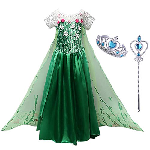 Monissy Mädchen Prinzessin Kostüm Kinder Elsa Kleid Eiskönigin Kostüm Kinder Verkleidung Königin Cosplay Party Karneval Weihnachten Geburtstag Geschenk Eisprinzessin Blumen Kleid Grün mit Umhang von Monissy