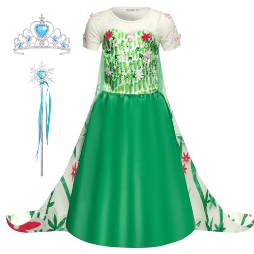 Monissy Mädchen Prinzessin Kostüm Kinder Elsa Kleid Eiskönigin Kostüm Kinder Verkleidung Königin Cosplay Party Karneval Weihnachten Geburtstag Geschenk Eisprinzessin Blumen Kleid Grün mit Umhang von Monissy