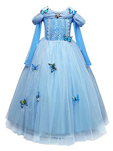 Monissy Prinzessin Aschenputtel Kleid für Mädchen Fancy Schmetterling Kleid Cinderella Kostüm Kinder Karneval Verkleidung Party Kleid Weihnachten Fasching Halloween Gr.110-150 Blau von Monissy