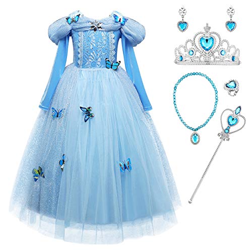 Monissy Prinzessin Aschenputtel Kleid für Mädchen Fancy Schmetterling Kleid Cinderella Kostüm Kinder Karneval Verkleidung Party Kleid Weihnachten Fasching Halloween Gr.110-150 Blau von Monissy