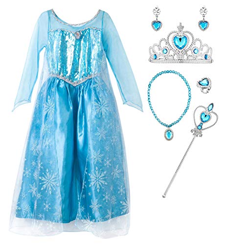 Monissy Prinzessin Elsa Kleid Mädchen Cosplay Kostüm Party Kostüme für Mädchen Eiskönigin Schneeprinzessin Kostüm aus Schneeflocken Halloween Fasching Festival Kostüm 100-150 Blau von Monissy