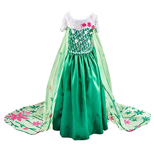 Monissy Prinzessin Elsa Kostüm Karneval Kleidung Verkleidung Party Kleid Cosplay Kostüm Set mit Zubehör Party Kostüme für Mädchen Weihnachten Fasching Halloween Gr.110-150 Grün von Monissy