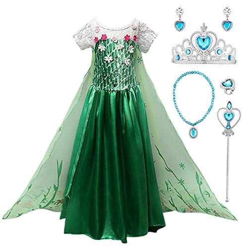 Monissy Prinzessin Elsa Kostüm Karneval Kleidung Verkleidung Party Kleid Cosplay Kostüm Set mit Zubehör Party Kostüme für Mädchen Weihnachten Fasching Halloween Gr.110-150 Grün von Monissy