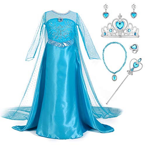 Monissy Prinzessin Elsa Kostüm Karneval Verkleidung Kind Kleid Eiskönigin Prinzessin Kostüm Cosplay Kostüm Set mit Zubehör Party Kostüme für Mädchen Weihnachten Fasching Halloween Gr.100-150 Blau von Monissy