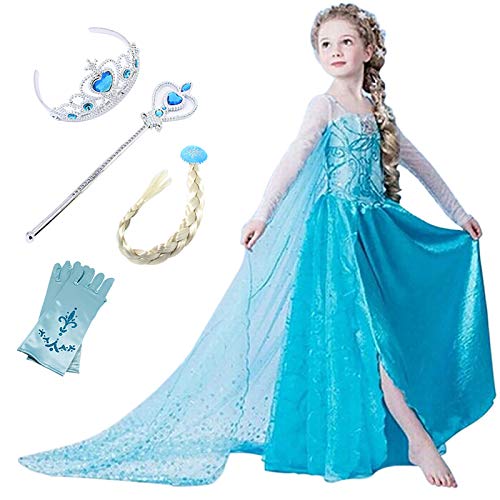 Monissy Prinzessin Kostüm Mädchen Eiskönigin ELSA Kleid Blau Märchen Cosplay Kostüm Kinder Eisprinzessin Krone Zauberstab Handschuhe Zopf Umhang für Karneval Party Weihnachten Halloween Fasching 110 von Monissy