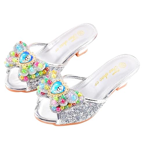 Monissy Prinzessin Sandalen für Kinder Mädchen ELSA Slipper mit Absatz Pantoffeln Casual mit Kristal Pailletten für Geschenk Geburtstagsfeiern Halloween Verkleidung Karneval Weihnachten, Silber, 28 von Monissy