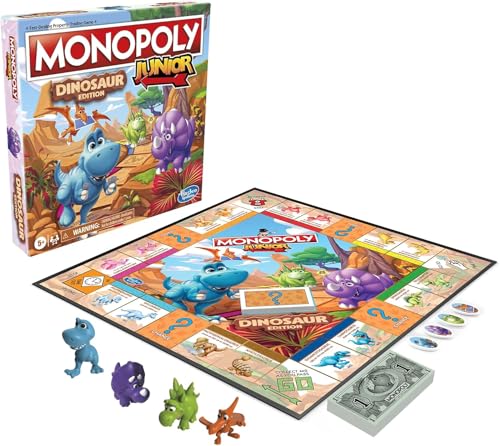 Hasbro Gaming Monopoly Junior-Dinosaurier-Edition, Kinder-Brettspiele mit Spielzeug-Spielsteinen, 2–4 Spieler für Jungen und Mädchen, ab 5 Jahren von Monopoly