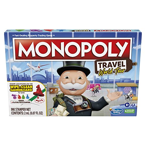 Hasbro Gaming Monopoly Travel World Tour Gesellschaftsspiel für Familien und Kinder ab 8 Jahren, enthält Chip-Stempel und ein trocken abwischbares Spielbrett, mehrfarbig, L von Monopoly