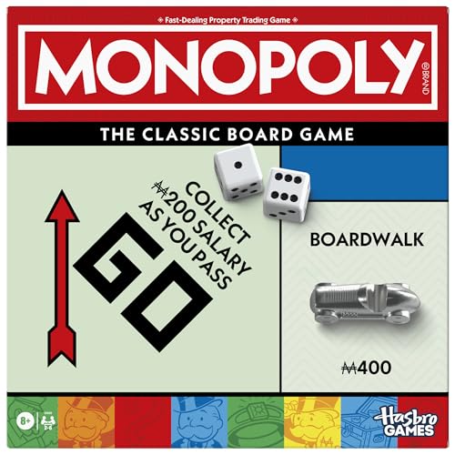 Monopoly Brettspiel, klassisches Spiel mit Ablageschale und größeren Spielsteinen, ab 8 Jahren, 2 bis 6 Spieler, Familienspiele für Kinder und Erwachsene, Kindergeschenke von Monopoly