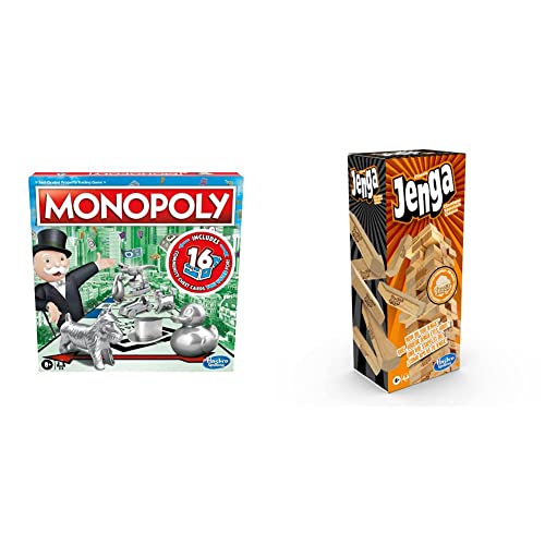 Monopoly Brettspiel, Familienspiel für 2 bis 6 Spieler, Enthält Fan-Voting Community Chest Karten, Ab 8 Jahren, Hasbro Gaming Jenga Classic, Geschicklichkeitsspiel für Kinder ab 6 Jahren von Monopoly