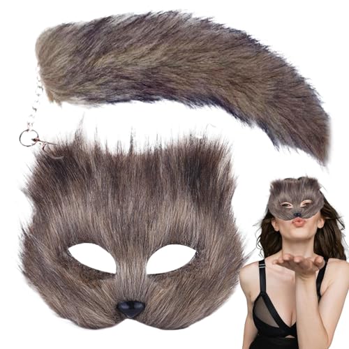 Cat Ma sk and Tail Set Furry Fo x Ma sk, Tiermasken, Cosplay-Set für Mädchen, langer Fo x Schwanz, Schlüsselanhänger, halbes Gesicht, Maskerade, Ma sk für Cosplay, Kostümparty, Zubehör, 40 cm von Monozoz