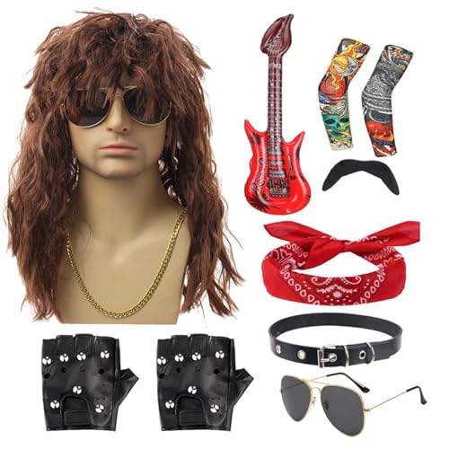 Monozoz 80er-Rocker-Kostüm,80er-Rocker-Kostüm für Herren - 10-teiliges Halloween-80er-Jahre-Rocker-Kostüm-Set,Punk- -Kostümzubehör, inklusive Perücke, Stirnband, Kragen, Sonnenbrille, Handschuhen, von Monozoz