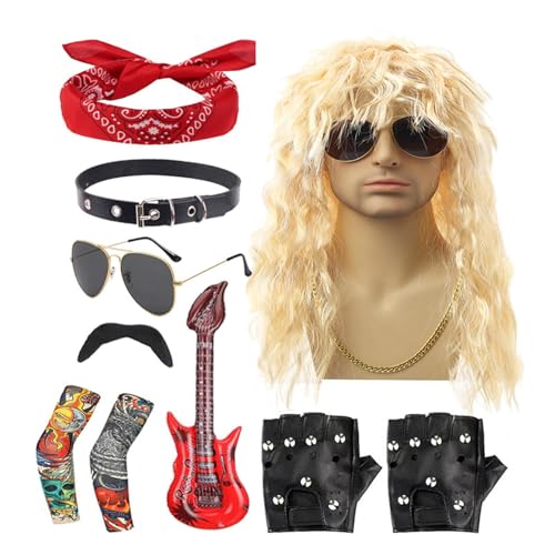 Monozoz 80er Rocker Kostüm für Herren,80er Rocker Kostüm Outfit Herren - 10-teiliges Halloween-Rocker-Kostüm,Punk- -Kostümzubehör, inklusive Perücke, Stirnband, Kragen, Sonnenbrille, Handschuhen, von Monozoz