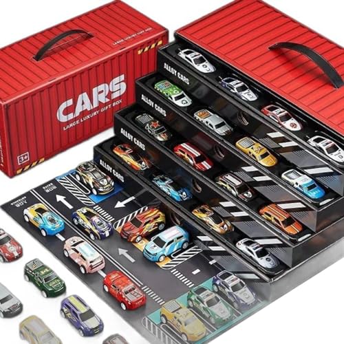 Monozoz Box Cars Spielset, Aufbewahrungsbox Auto Partygeschenke - Mini-Spielzeugautos für Kinder,Spielzeugautos für Kleinkinder, Kastenwagen, Rennfahrzeuge für Kinder, 48-teiliges Set, bunt für Jungen von Monozoz