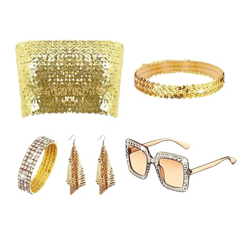 Monozoz Pailletten-Disco-Kostüm, Disco-Zubehör für Damen,Pailletten Vintage Y2K Accessoires - 5-teiliges glitzerndes Kostümzubehör für Festivals, Feiern, Bühne von Monozoz